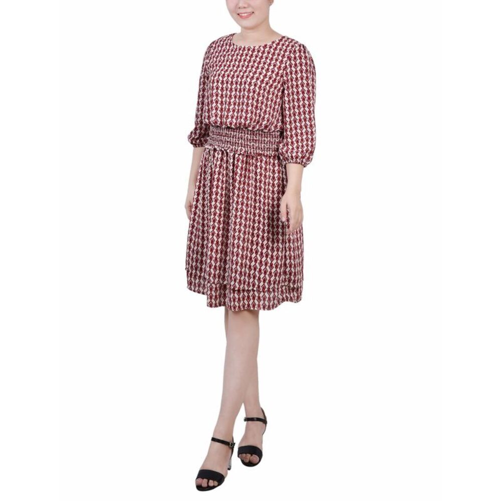 NY Collection Petite Size 34 Sleeve Dobby Smocked Waist Dress